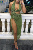 Blue Fashion Sexy Solid Hollowed Out Backless Slit Halter Sleeveless Dress
