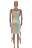 Pink Fashion Sexy Print Draw String Backless Spaghetti Strap Sleeveless Dress