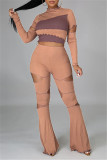 Purplish Red Fashion Casual Patchwork Ripped O Neck Long Sleeve Two Pieces