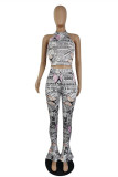 White Fashion Sexy Print Backless Halter Sleeveless Two Pieces