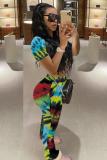 Multi-color Polyester Fashion Sexy adult Patchwork Print Tie Dye Two Piece Suits Straight Short Sleeve Two Pieces