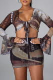 Black Sexy Print Bandage V Neck Long Sleeve Two Pieces