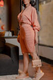 Pink Fashion Solid Split Joint Fold Long Sleeve Two Pieces