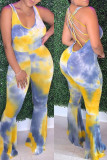 Multicolor Sexy Casual Print Tie Dye Backless U Neck Regular Jumpsuits