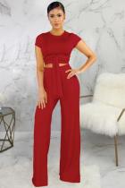 Red Polyester Fashion Sexy Bandage Patchwork Solid Loose Short Sleeve Two-piece Pants Set