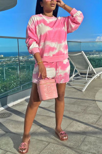 Pink Polyester Fashion adult Ma'am Lightly cooked Print Tie Dye Two Piece Suits Loose Long Sleeve Two Pieces