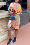 Multicolor Fashion Casual Letter Print Basic O Neck Short Sleeve Dress