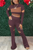 Ink Green Sexy Geometric Hollowed Out Patchwork O Neck Long Sleeve Two Pieces