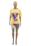 Yellow Fashion Casual Print Basic O Neck Short Sleeve Two Pieces