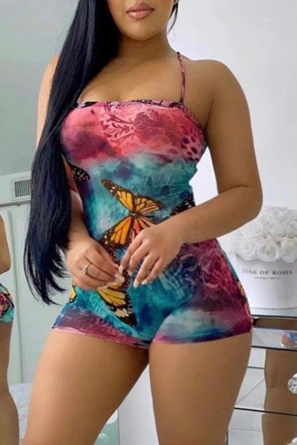 Blue Pink Sexy Print Patchwork Spaghetti Strap Skinny Rompers