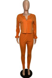 Orange Fashion Patchwork Solid Asymmetrical V Neck Long Sleeve Two Pieces