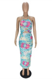 Colour Fashion Sexy Print Hollowed Out Backless Halter Sleeveless Dress
