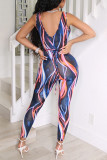 Red Fashion Sexy Print Hollowed Out Backless V Neck Skinny Jumpsuits