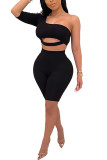 Black Polyester Fashion Sexy adult Patchwork Solid backless Two Piece Suits pencil Half Sleeve Two Pieces