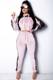 Pink Velvet Drawstring Long Sleeve Mid Patchwork Sequin Print Straight Pants Two-piece suit