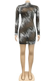 Champagne Sexy Geometric Embroidered Sequins Split Joint See-through O Neck Pencil Skirt Dresses