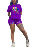 purple Fashion Active adult Ma'am Print Two Piece Suits Lips Print pencil Short Sleeve Two Pieces