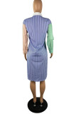 Blue Casual Striped Print Patchwork Turndown Collar Pencil Skirt Dresses