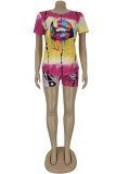 Lemon yellow Polyester Fashion adult Street Patchwork Print Tie Dye asymmetrical Two Piece Suits Lips Print pencil Short Sleeve Two Pieces