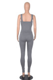 Grey Casual Sportswear Solid Patchwork Spaghetti Strap Sleeveless Two Pieces