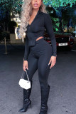 Black Daily Solid Slit Zipper Collar Long Sleeve Regular Sleeve Two Pieces