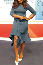 Grey Sexy Fashion Cap Sleeve 3/4 Length Sleeves O neck Step Skirt Knee-Length asymmetrical Casual Dresse