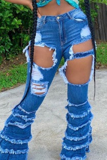 Blue Sexy Polyester Denim Solid Ripped Make Old Skinny Bottoms