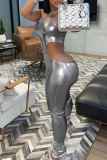 Silver Sexy Solid Hollowed Out Spaghetti Strap Skinny Jumpsuits