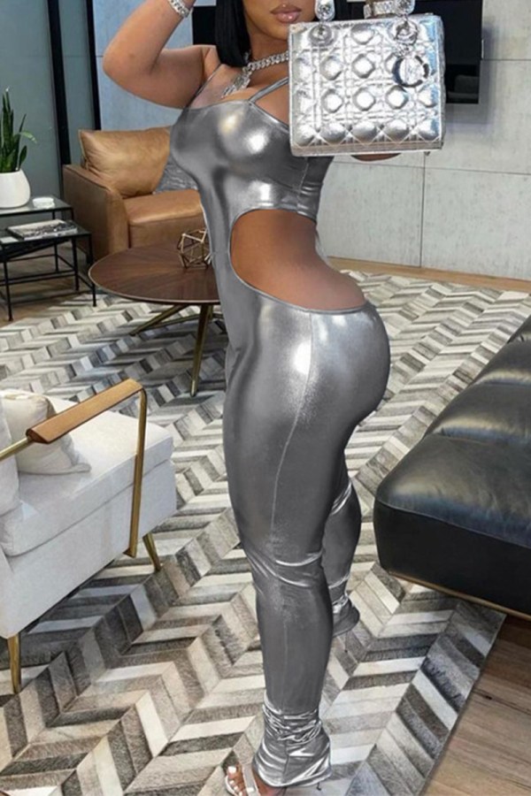 Silver Sexy Solid Hollowed Out Spaghetti Strap Skinny Jumpsuits