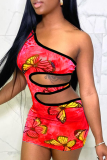 Pink Sexy Print Hollowed Out One Shoulder Pencil Skirt Dresses