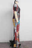 multicolor Fashion Sexy Print Polyester Short Sleeve O Neck Jumpsuits