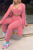 Pink Fashion Casual Solid Basic U Neck Long Sleeve Three-piece Set