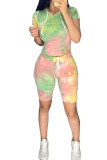 Green and yellow Polyester Fashion Street Tie Dye Two Piece Suits pencil Short Sleeve Two Pieces