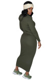 Army Green Fashion Casual adult Cap Sleeve Long Sleeves O neck Step Skirt Mid-Calf Patchwork Solid