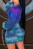 Blue Purple Sexy Casual Gradual Change Print Make Old Tie-dye O Neck Pencil Skirt Dresses