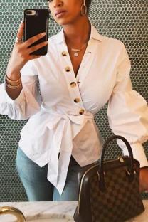 White Cotton cardigan Long Sleeve Solid tassel Bandage Button asymmetrical Blouses & Shirts