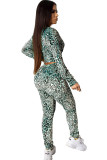 Grass Green Polyester Sexy Two Piece Suits Print Patchwork Zippered Skinny Long Sleeve