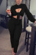 Black Fashion Sexy Casual Solid Pierced Hollowed Out Frenulum Pants O Neck Long Sleeve Regular Sleeve Short Two Pieces