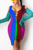 Deep Blue Fashion Sexy Patchwork Hollowed Out Strap Design Asymmetrical O Neck Long Sleeve Dress