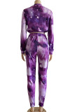 purple Polyester Fashion Casual adult Ma'am Print Two Piece Suits pencil Long Sleeve Two Pieces