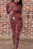 Red Casual Leopard Patchwork Hooded Collar Long Sleeve Two Pieces
