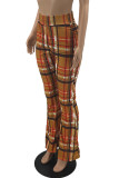 Green Fashion Casual Plaid Print Basic Regular High Waist Trousers