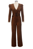 Gold Sexy Solid Patch With Belt V Neck Regular Jumpsuits