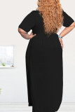 Black Polyester Sexy O Neck Solid Draped Draped Plus Size
