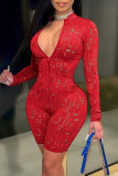 Red Fashion Sexy Solid Hollowed Out See-through Zipper Collar Skinny Romper