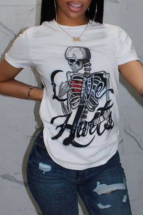 White Fashion Casual Print Basic O Neck T-Shirts