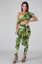 Green Polyester Sexy Fashion ruffle Print Patchwork pencil Two-piece Pants Set