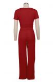 Red Polyester Fashion Sexy Bandage Patchwork Solid Loose Short Sleeve Two-piece Pants Set