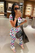 Multi-color Polyester Fashion Sexy adult Patchwork Print Tie Dye Two Piece Suits Straight Short Sleeve Two Pieces