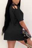 Black Sexy Solid Hollowed Out O Neck A Line Plus Size Dresses